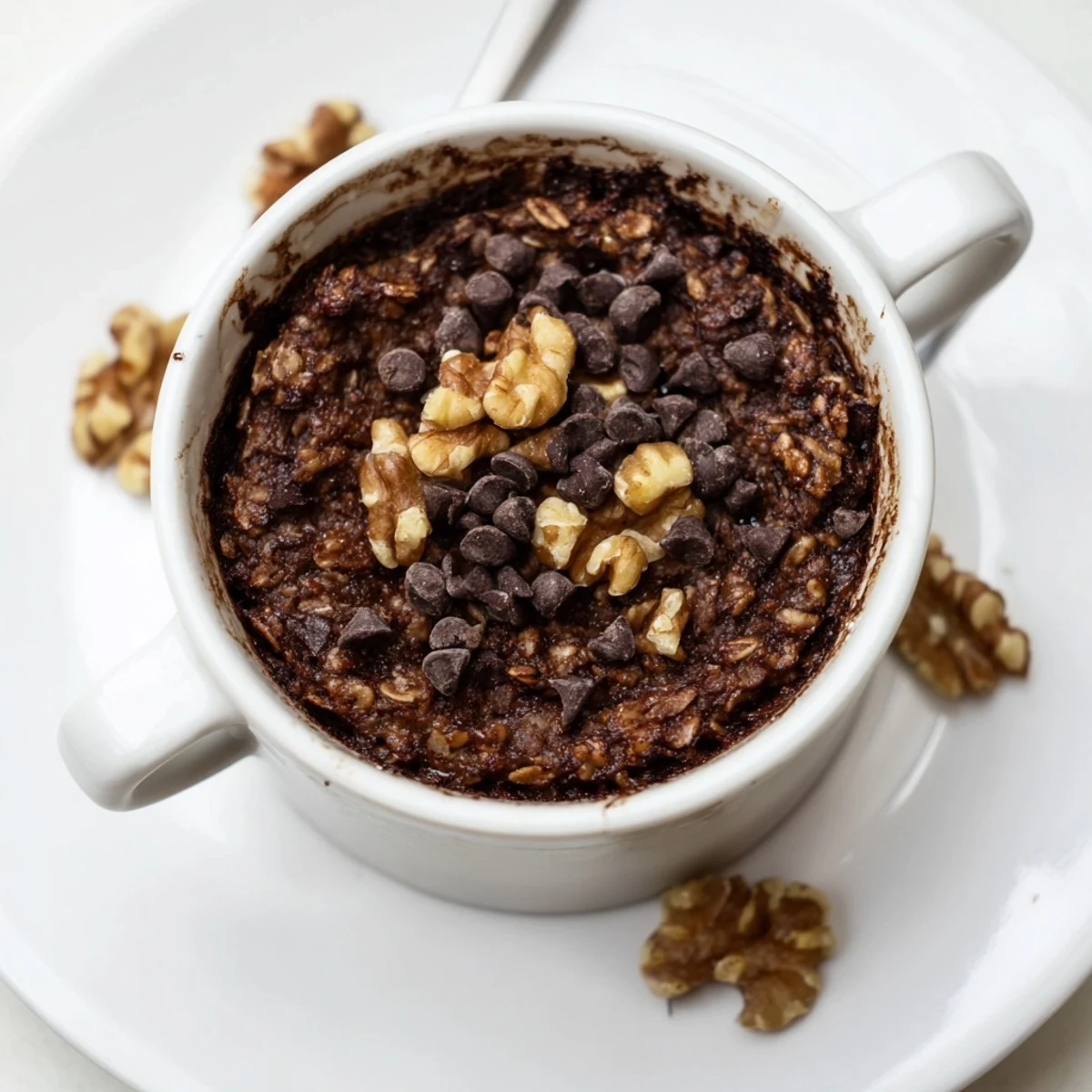 Easy Chocolate Baked Oats served hot with a dollop of yogurt and a drizzle of maple syrup on a cozy breakfast table.