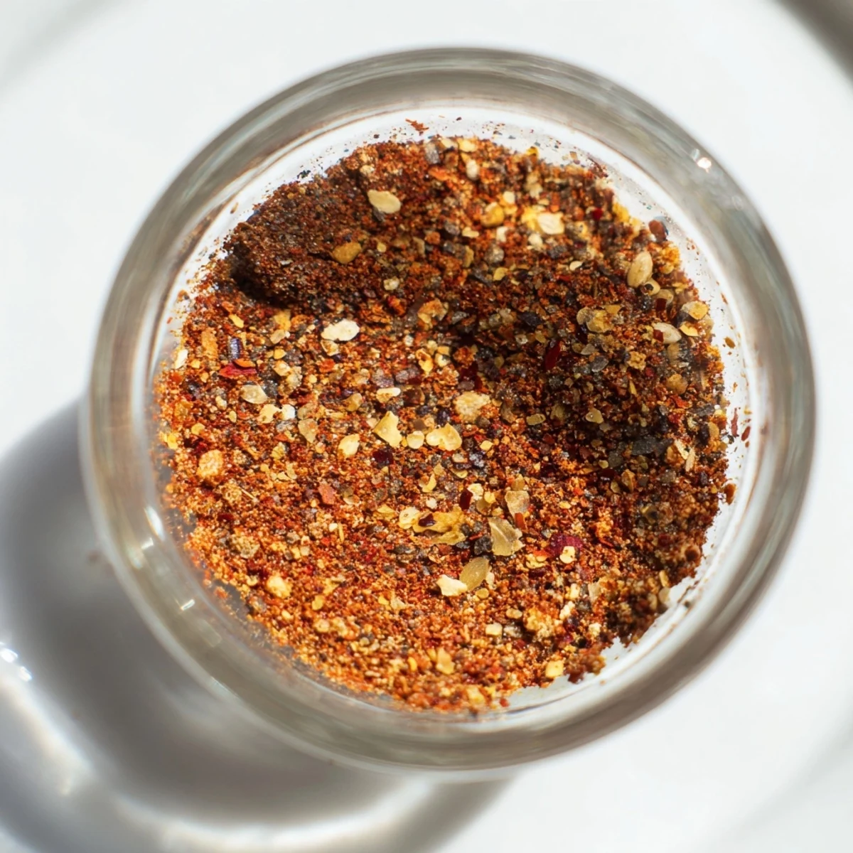 Bright overhead shot of the Easy Homemade Taco Seasoning Mix in a clear container, surrounded by colorful taco toppings like lime wedges and diced onions.
