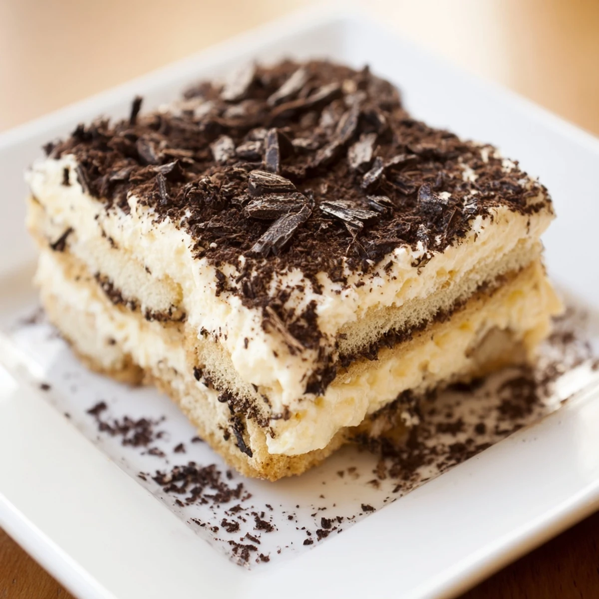 Homemade Easy Tiramisu with creamy mascarpone layers, dusted with cocoa powder and shaved chocolate for serving.