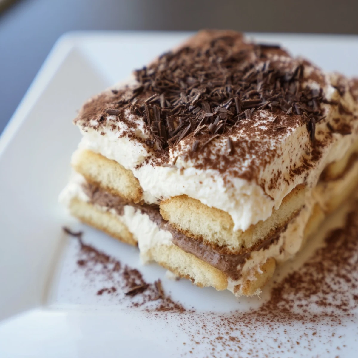 Beautiful plated slices of Easy Tiramisu, ideal for a dinner party, garnished with a light dusting of cocoa.