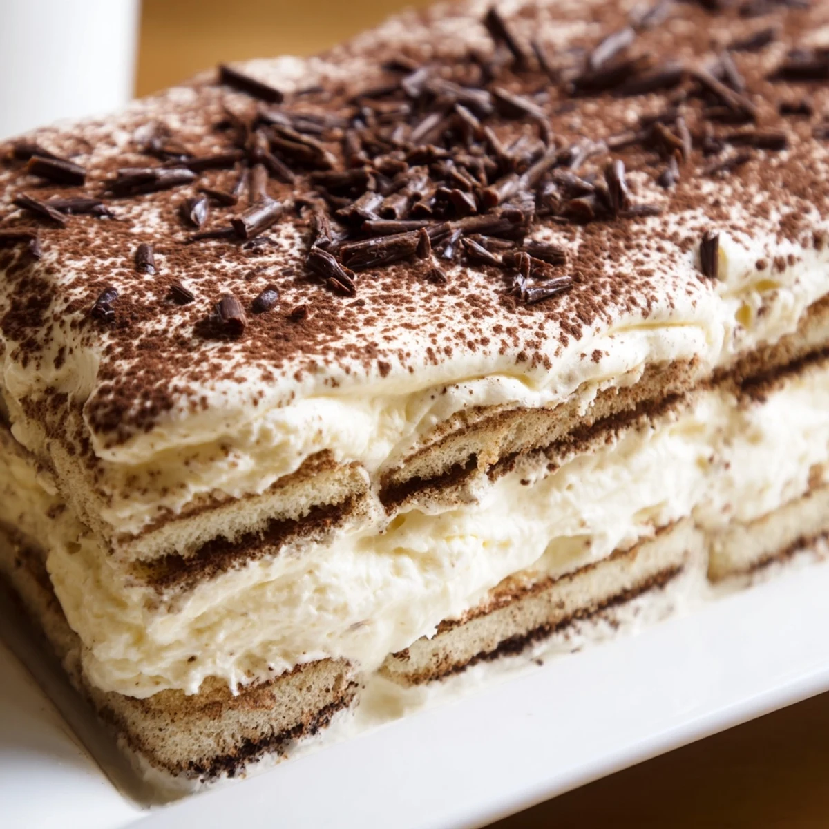Easy Tiramisu dessert in a square dish, featuring coffee-soaked ladyfingers and rich mascarpone cream topped with cocoa.