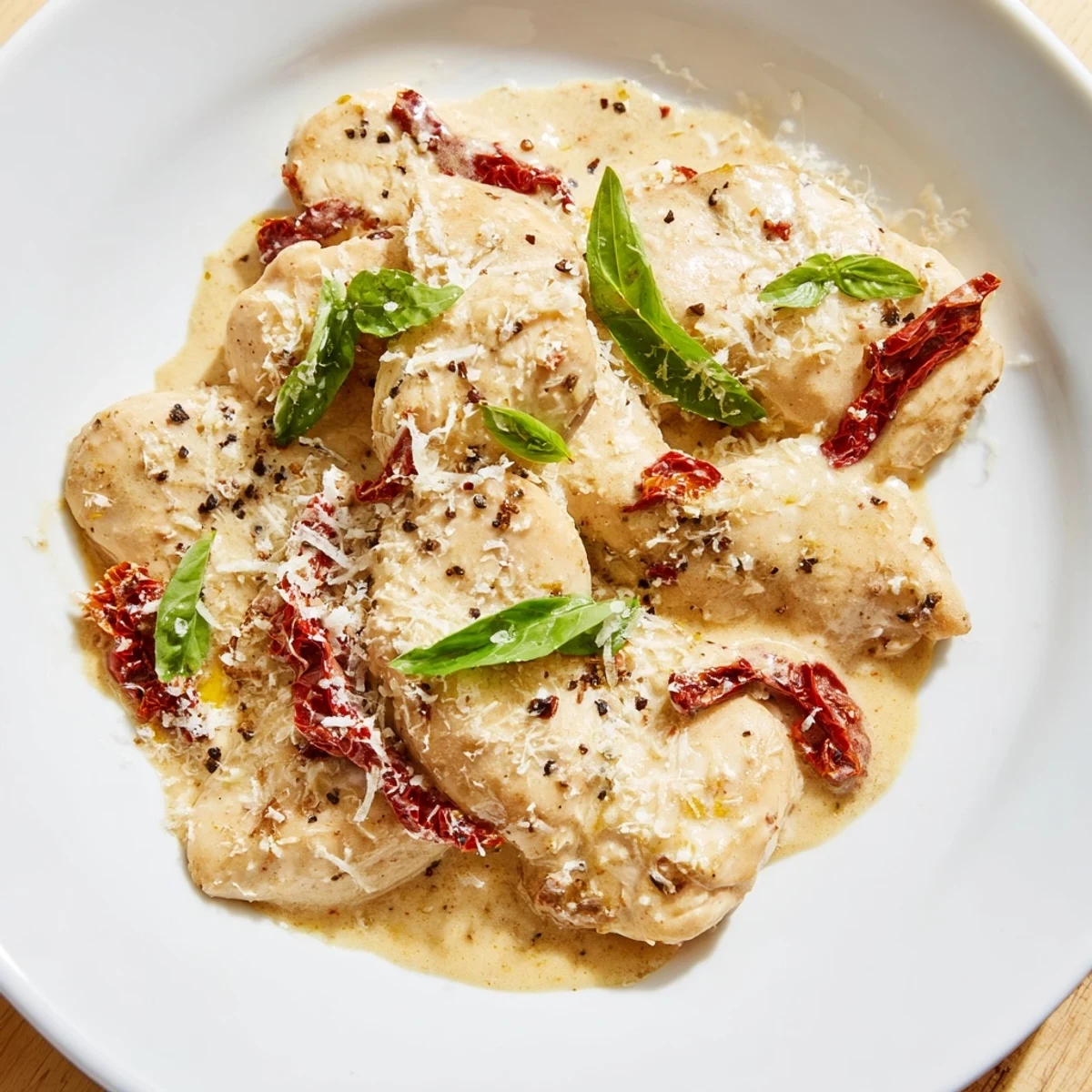 Marry Me Slow Cooker Chicken Breast served over pasta with a rich, garlicky sauce and herbs.