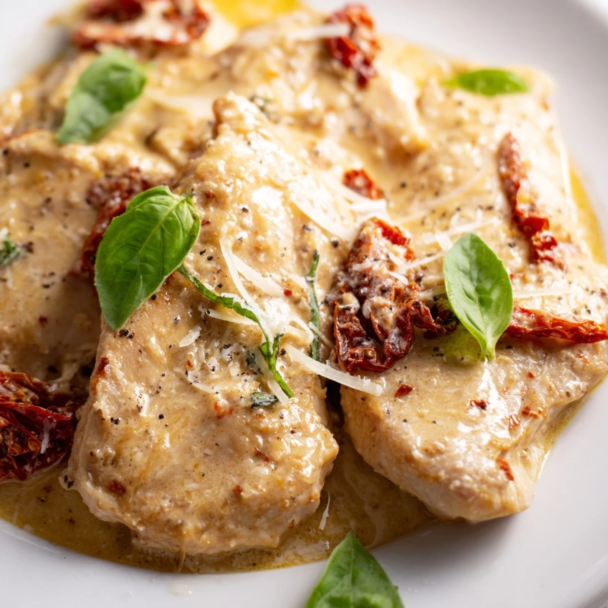 Tender Marry Me Slow Cooker Chicken Breast on a plate, garnished with basil alongside steamed green beans.