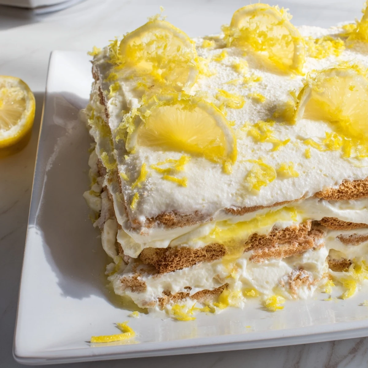 In a glass dish, Easy Lemon Tiramisu No Bake Dessert features soaked ladyfingers and smooth lemon cream.