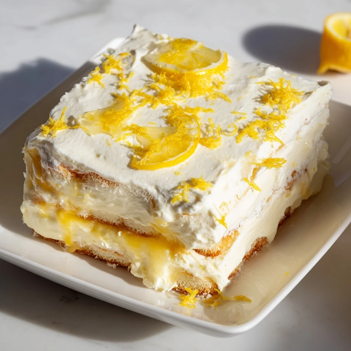 A close-up of Easy Lemon Tiramisu No Bake Dessert with creamy mascarpone layers and bright lemon zest garnish.