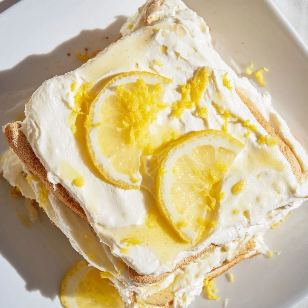 Bright slices of lemon top the Easy Lemon Tiramisu No Bake Dessert, ready for a summer gathering.