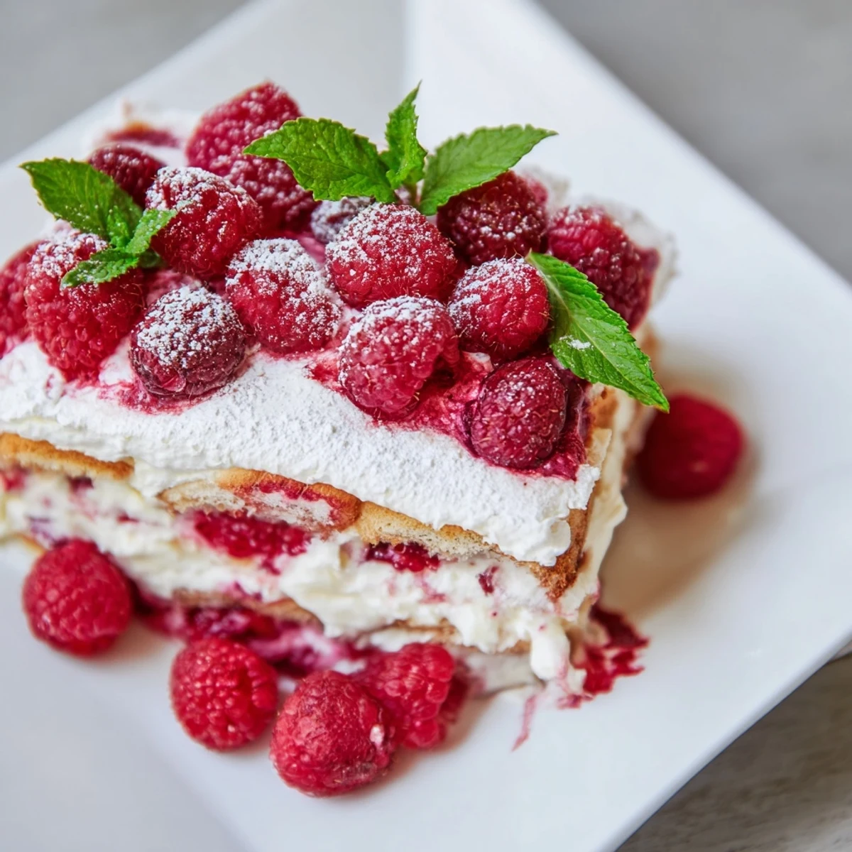 A slice of Fresh Raspberry Tiramisu topped with powdered sugar and a fresh mint leaf.