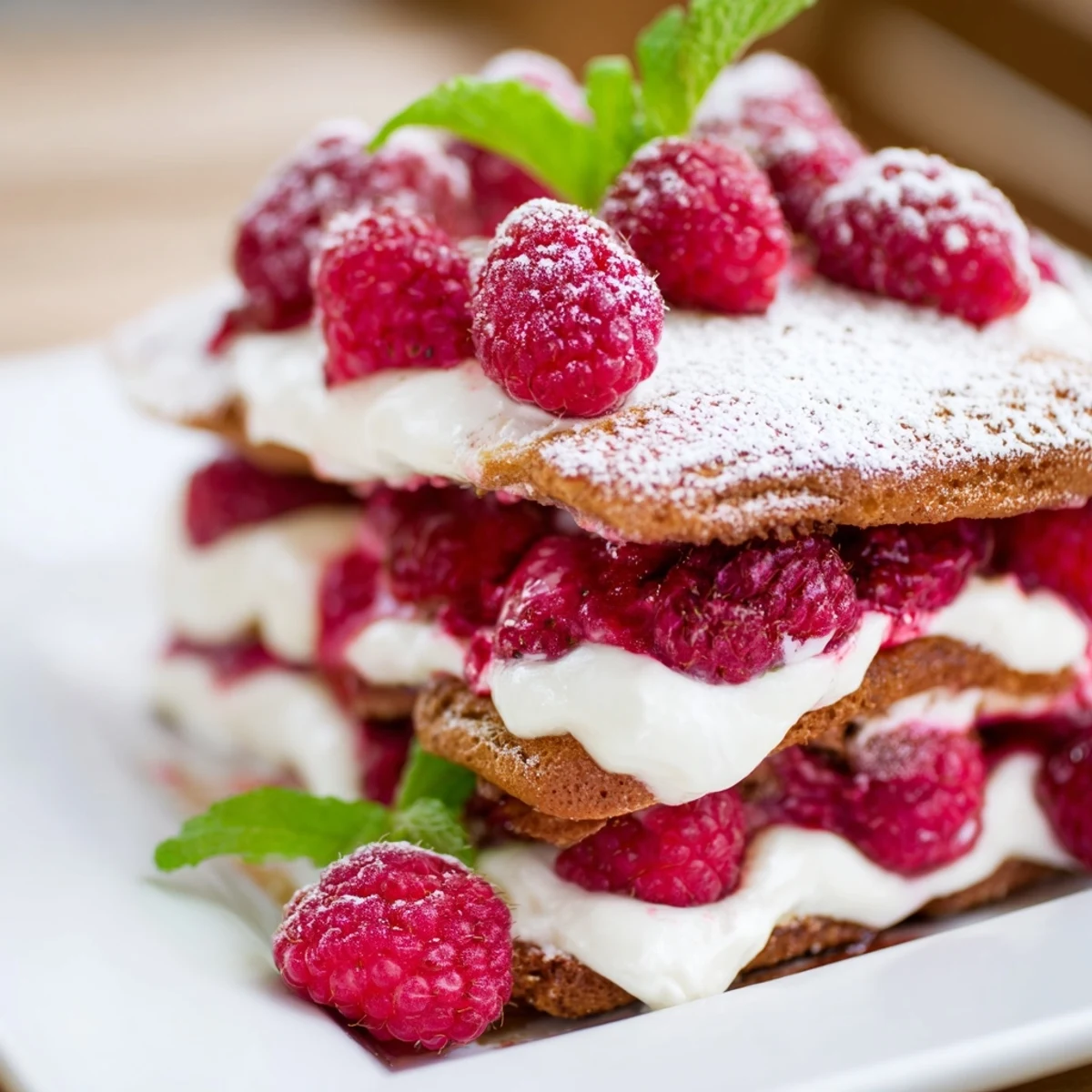 Fresh Raspberry Tiramisu dessert layered with coffee-dipped ladyfingers, creamy mascarpone, and bright raspberries.
