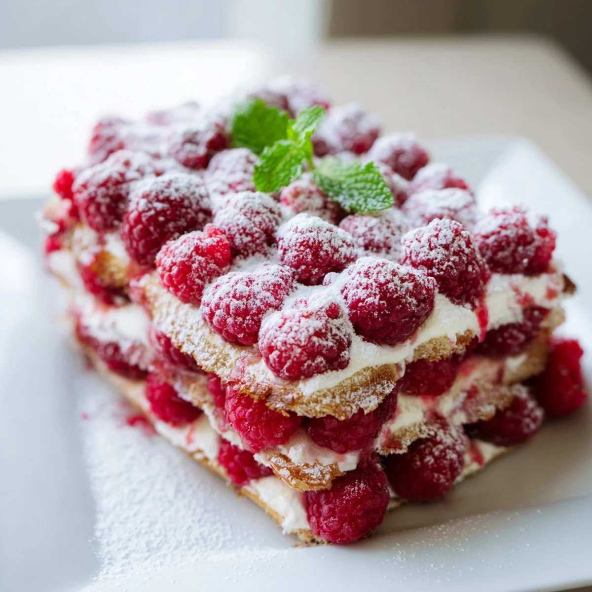 Easy Fresh Raspberry Tiramisu in a glass dish, garnished with fresh raspberries for serving.