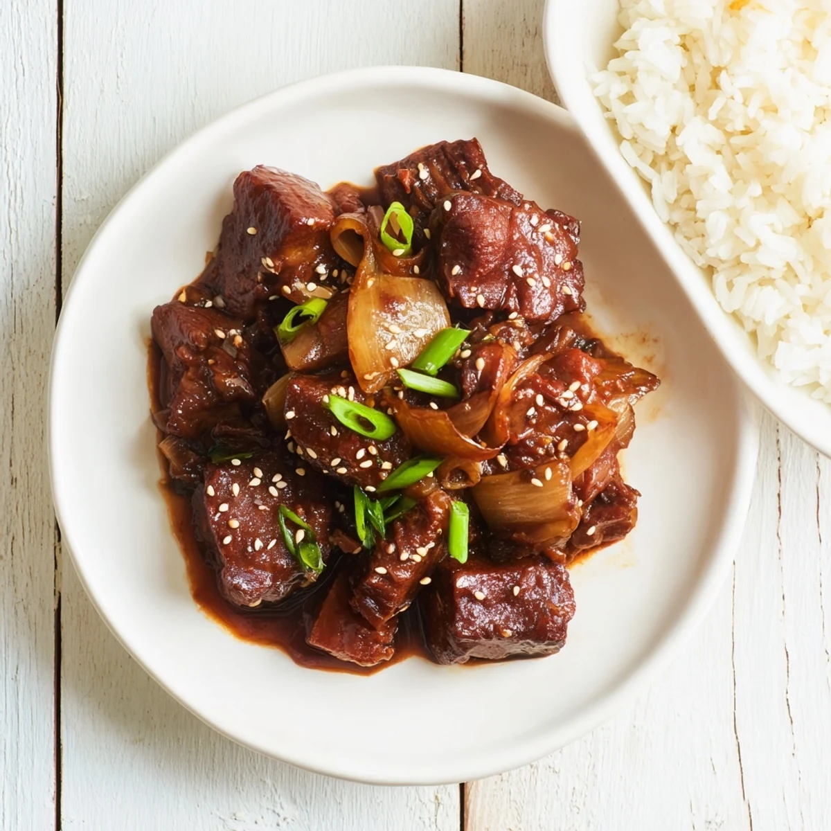 A close-up of shredded Crock Pot Korean Beef piled high, garnished with sesame seeds and fresh green onions.