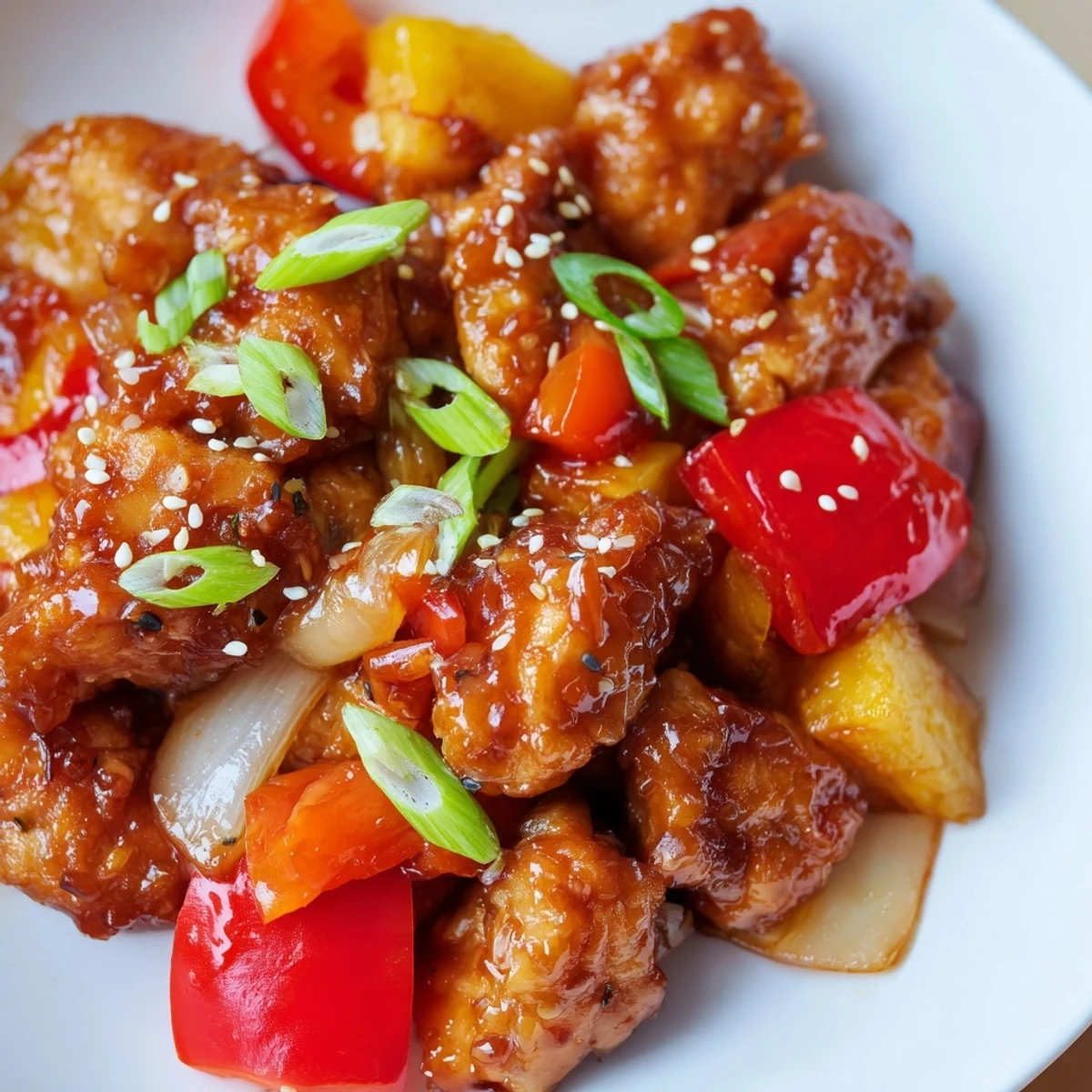 A close-up of Sweet Hawaiian Crockpot Chicken in a white bowl, showcasing tender shredded meat coated in a glossy, sweet pineapple glaze with colorful bell peppers and onion slices. The dish is garnished with fresh green onions and sesame seeds, served alongside fluffy white rice and a lemon wedge for a bright, tangy finish. The slow cooker is visible in the background, emphasizing the easy, set-and-forget cooking method.