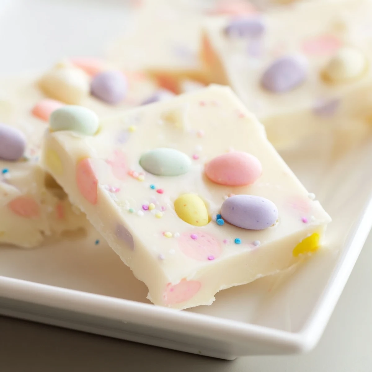 A slice of Easter Fudge held by hand with soft spring lighting, ready to be enjoyed at an Easter brunch.