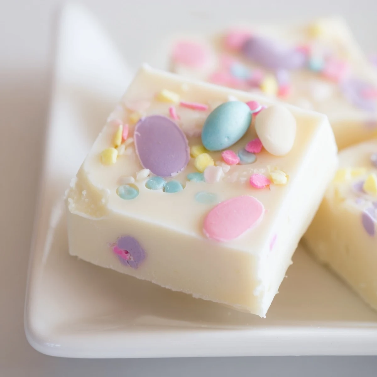 Stack of cut Easter Fudge squares showing creamy white chocolate texture with colorful candy decorations on a rustic plate.