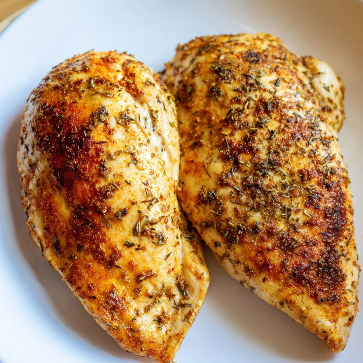 Juicy oven baked chicken breasts served with lemon wedges and parsley on a white plate.