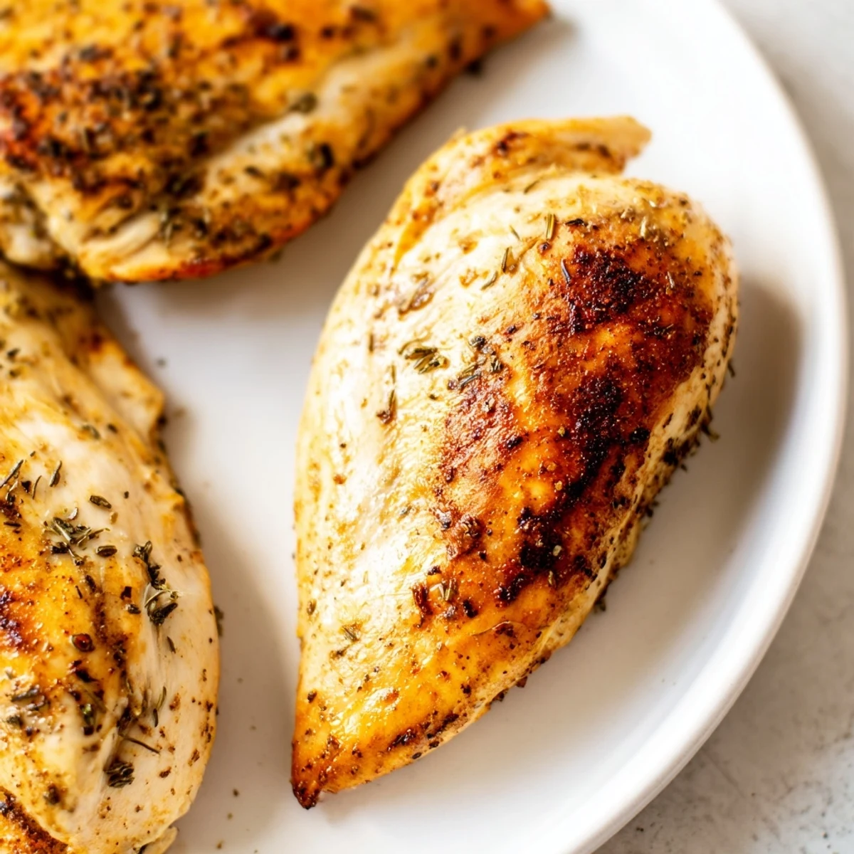 Tender garlic and paprika seasoned oven baked chicken breasts sliced and ready for dinner.