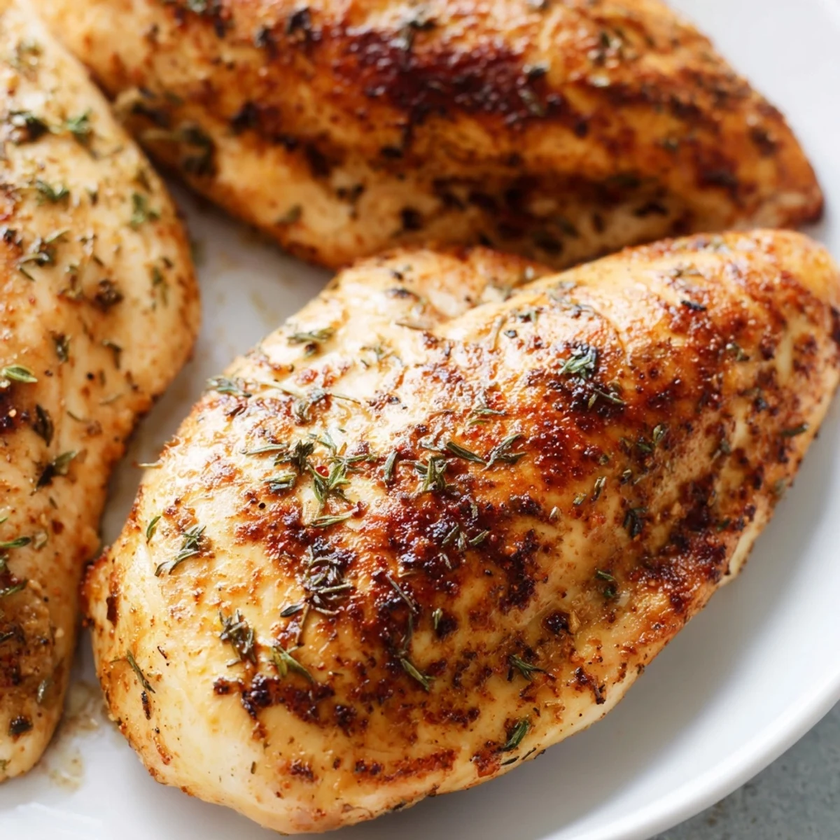 Perfectly baked oven baked chicken breasts resting in a ceramic dish with steam rising.