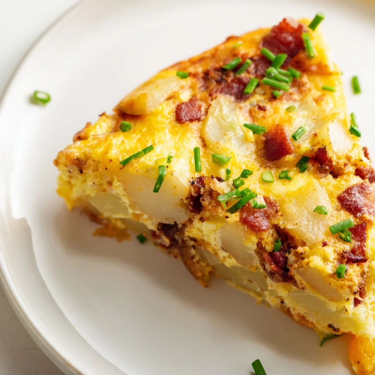 Golden crisp bacon, tender potatoes, and melted Gruyère cheese in a freshly baked Bacon Potato Frittata, ready to serve.