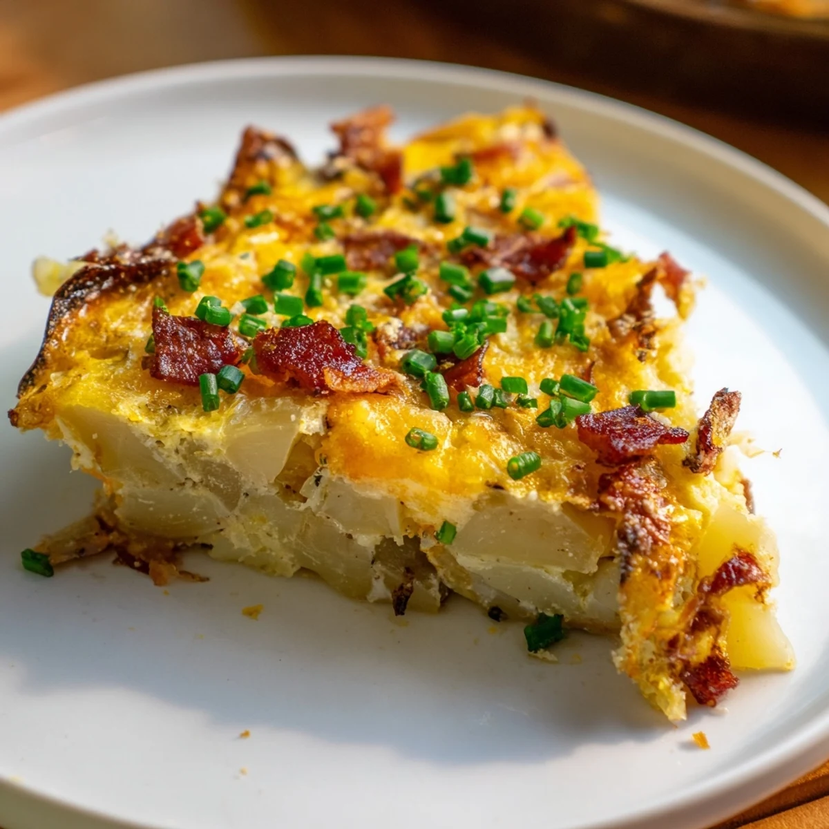 A slice of hearty Bacon Potato Frittata reveals fluffy eggs, savory bacon bits, and creamy cheese, perfect for a satisfying brunch.