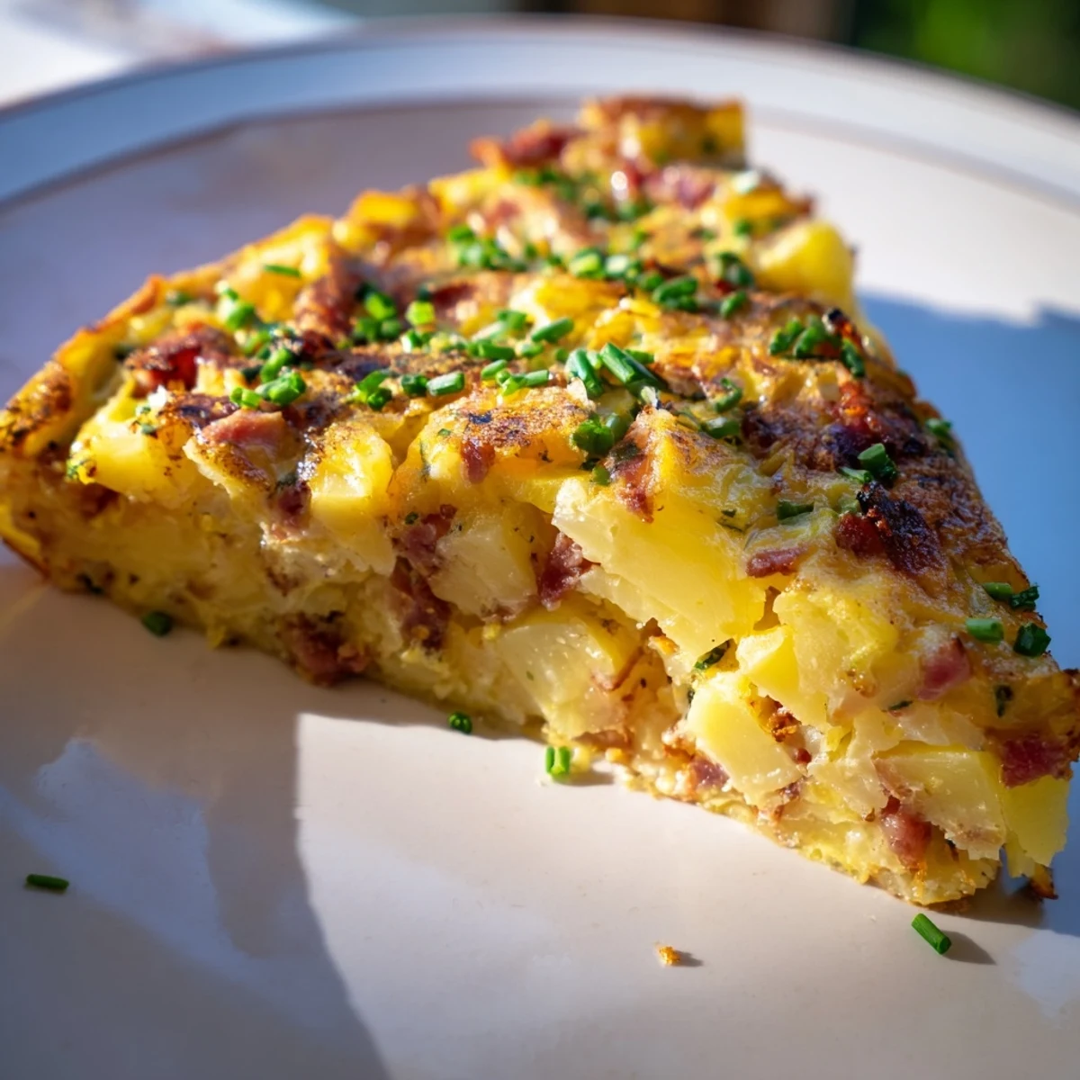 A warm Bacon Potato Frittata sizzles in a cast iron skillet, garnished with fresh chives and ready for a family breakfast.