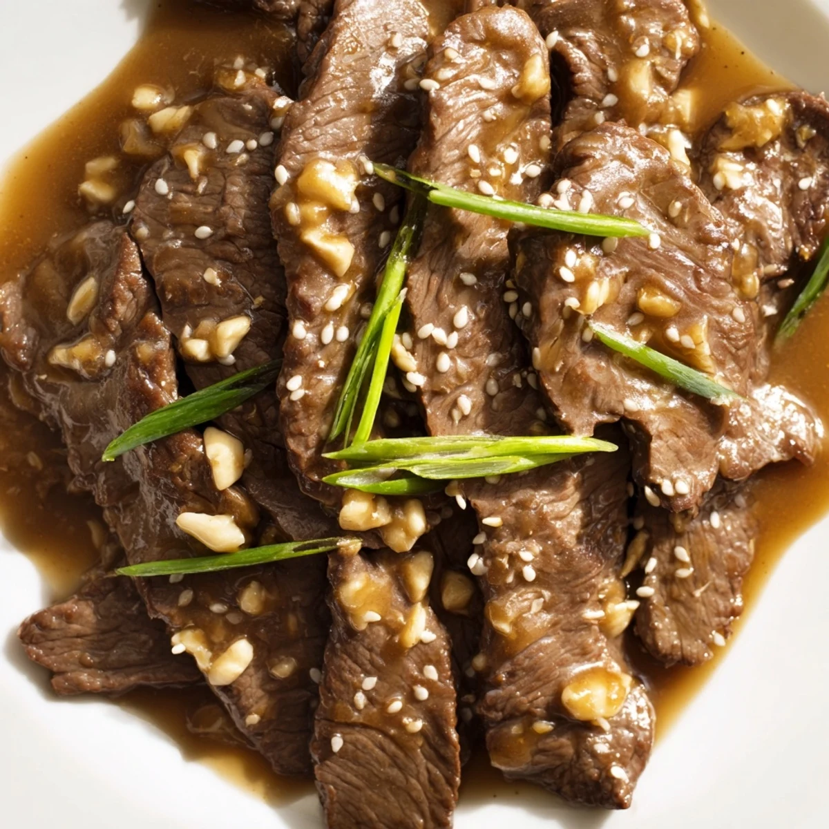 Platter of Ultimate Slow Cooker Mongolian Beef with glistening sauce, garlic and ginger aromatics, and fresh green onion garnish beside fluffy white rice.  