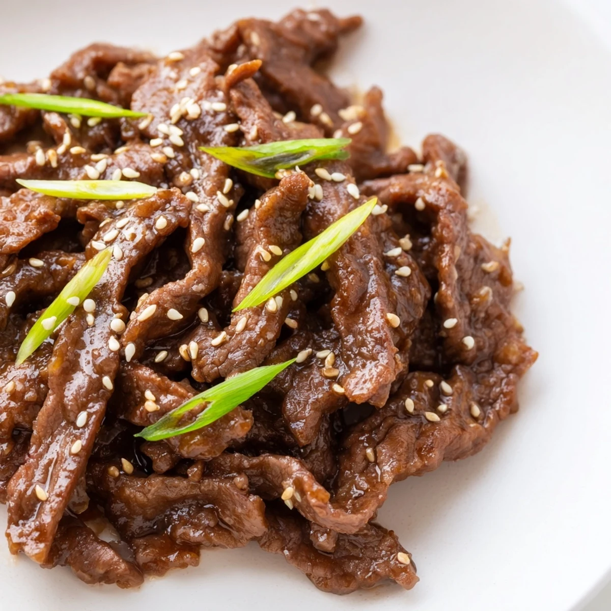 Final dish of Ultimate Slow Cooker Mongolian Beef featuring saucy beef slices, sesame seeds, and a bed of steamed rice for a comforting family meal.