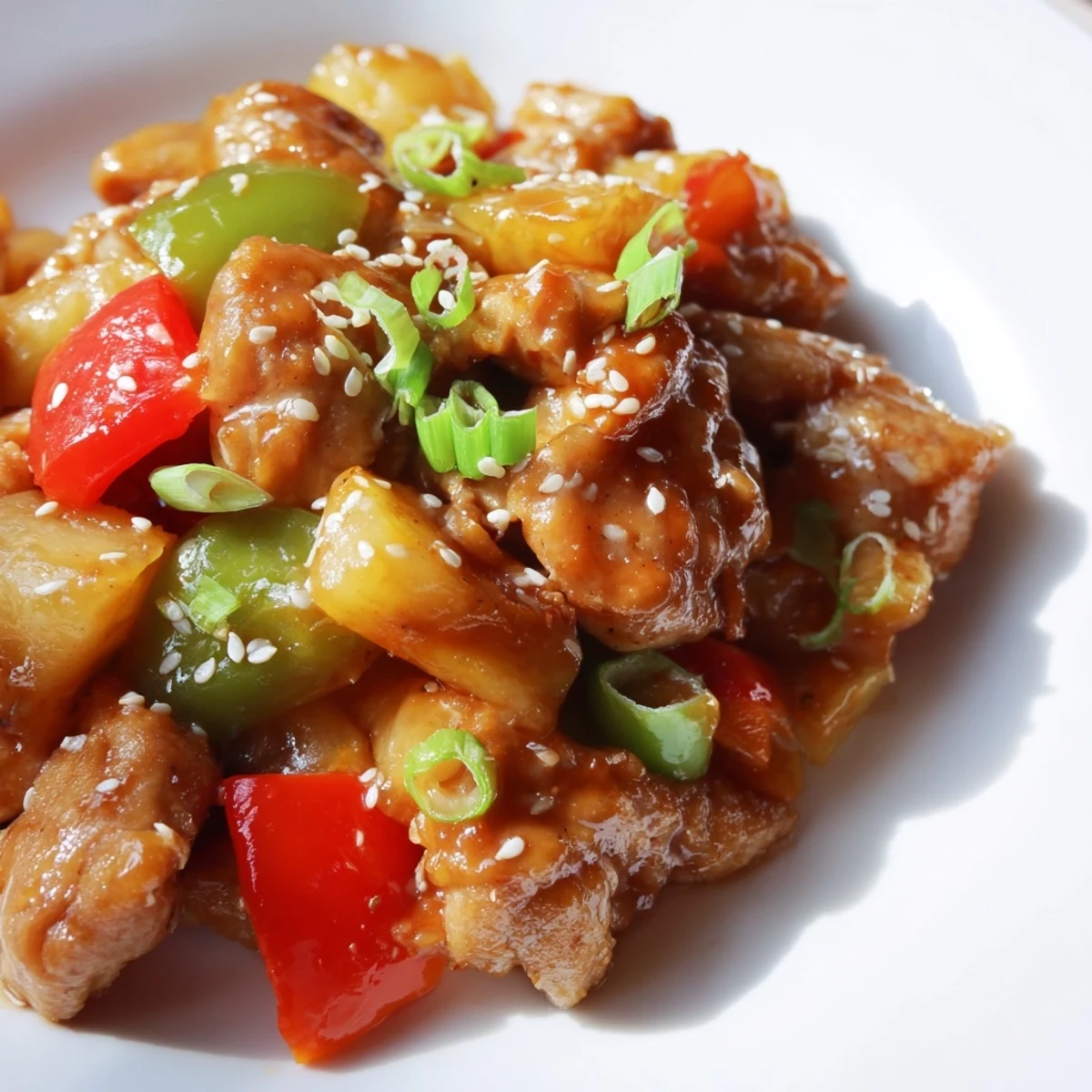 Juicy Slow Cooker Hawaiian Pineapple Chicken served over fluffy white rice, garnished with green onions and toasted sesame seeds.