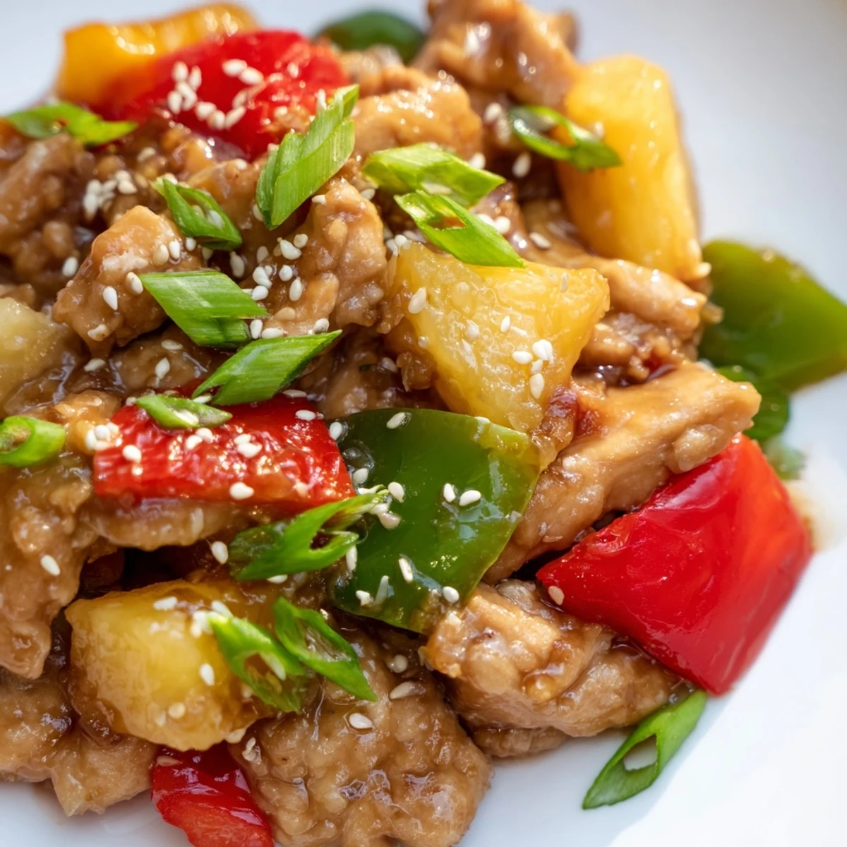 A close-up of Slow Cooker Hawaiian Pineapple Chicken in a ceramic bowl, featuring shredded chicken, red peppers, and pineapple pieces.
