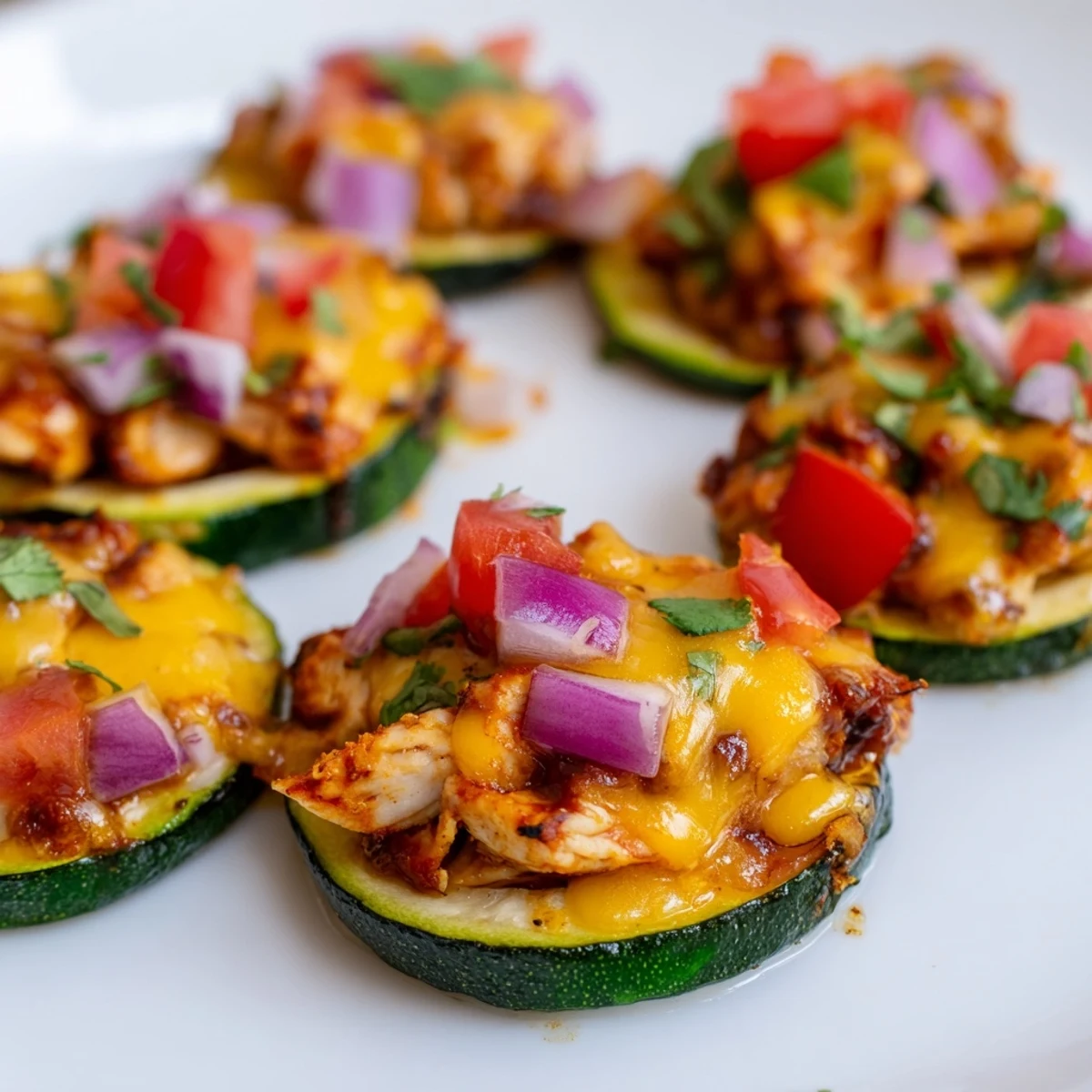 Cheesy BBQ Chicken Zucchini Nachos arranged on a baking sheet with red onion slices and jalapeños, perfect for game day.