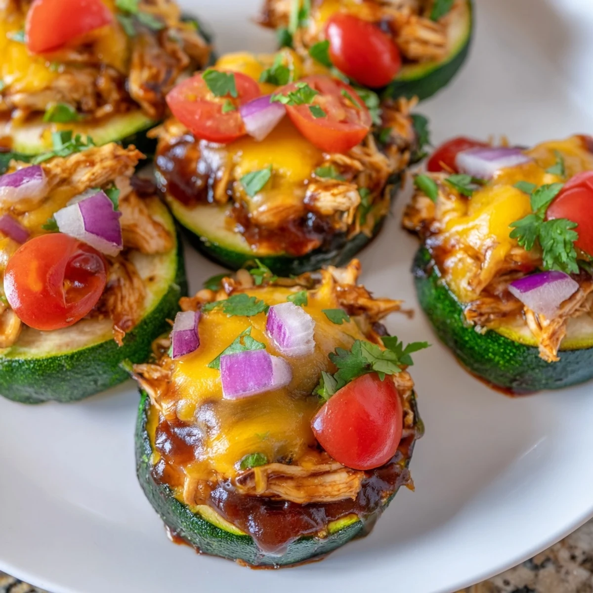 Golden roasted zucchini rounds topped with smoky BBQ chicken, melted cheddar, and fresh cilantro for a low carb nacho night.