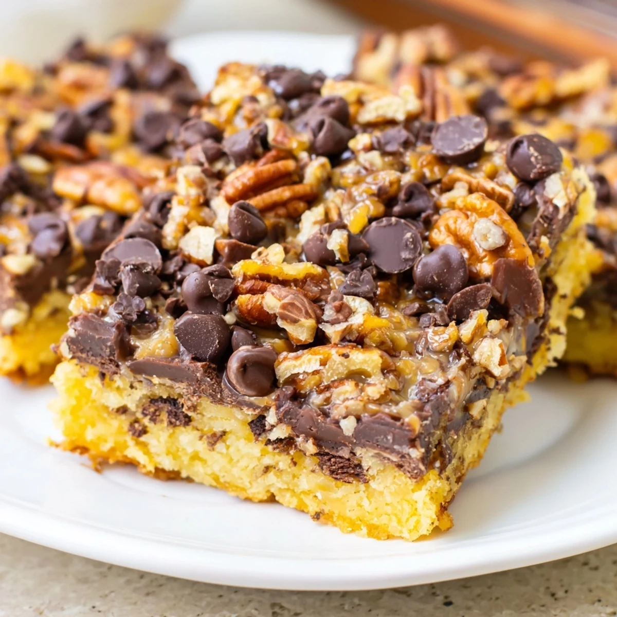 Golden brown, chewy Cake Mix Toffee Bars topped with melted chocolate, toffee bits, and pecans on a rustic board.
