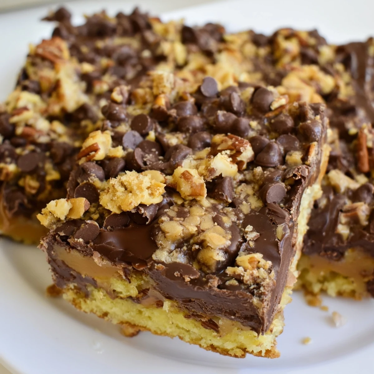 Slice of buttery Cake Mix Toffee Bars on a white plate, gooey toffee and chocolate visible, perfect for dessert.