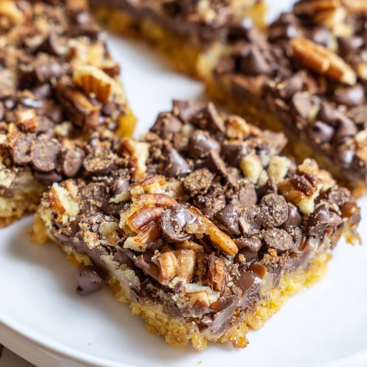 Freshly baked Cake Mix Toffee Bars in a pan, with rich toffee and chocolate layers, ready to be cut.