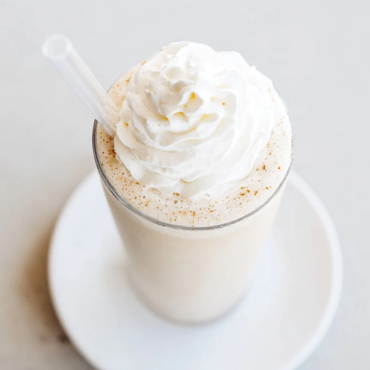 Creamy Starbucks Vanilla Bean Frappuccino with whipped cream in a tall glass, glistening with condensation on a sunny day.