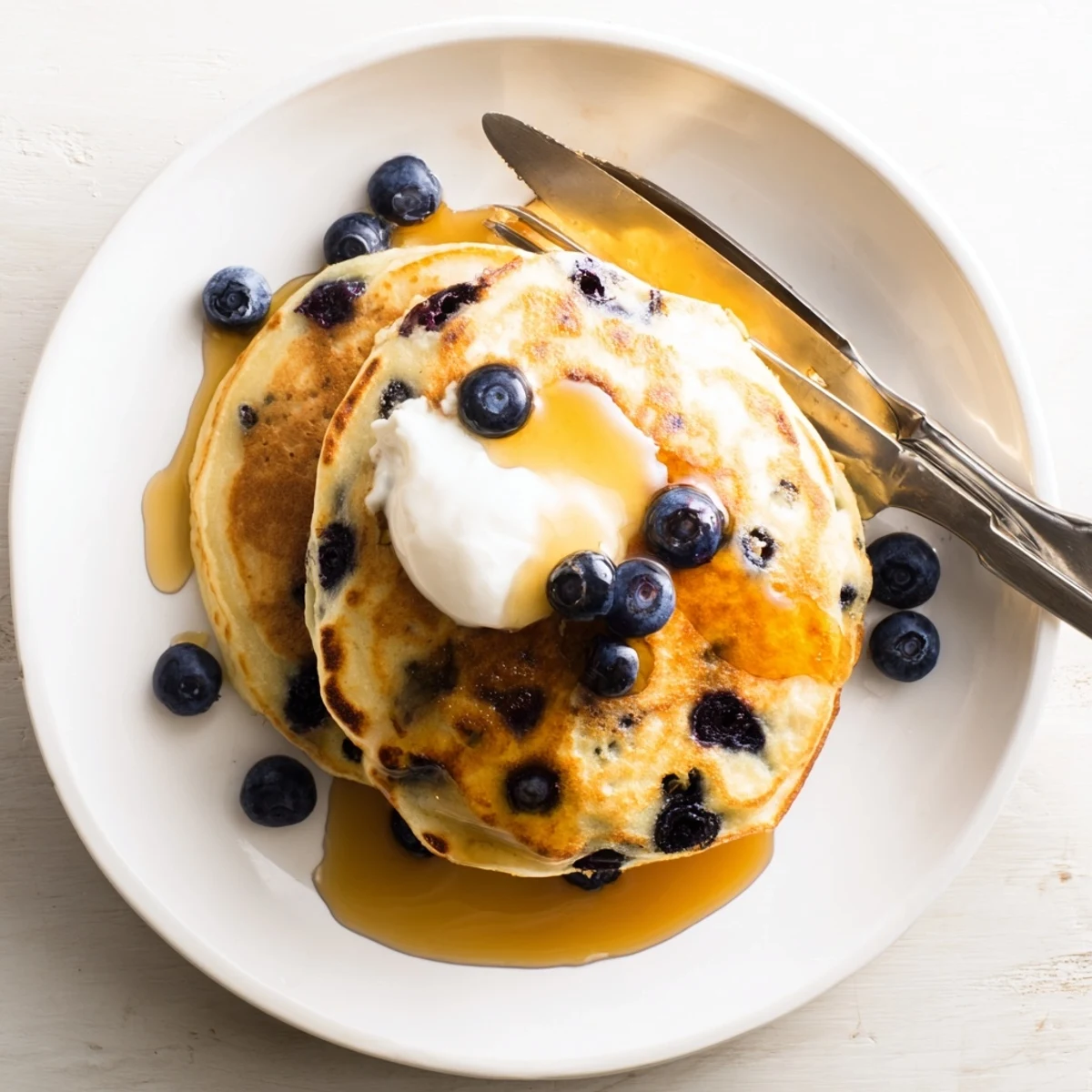 A close-up of Fluffy Greek Yogurt Blueberry Pancakes with creamy yogurt dollop and fresh blueberries on a rustic wooden table. 