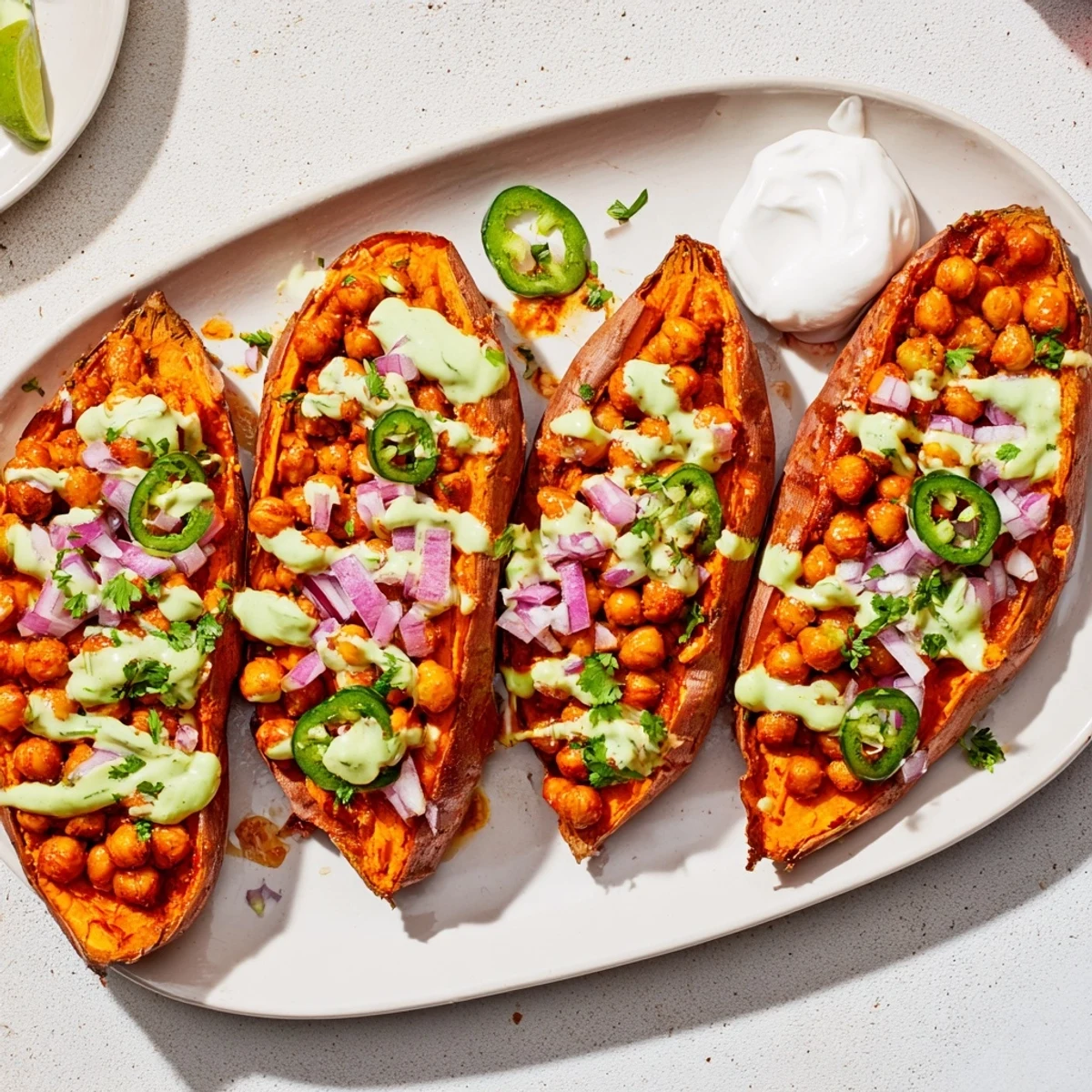 A hearty serving of Vegan BBQ Chickpea Sweet Potatoes, garnished with jalapeño slices and red onion for a zesty finish.