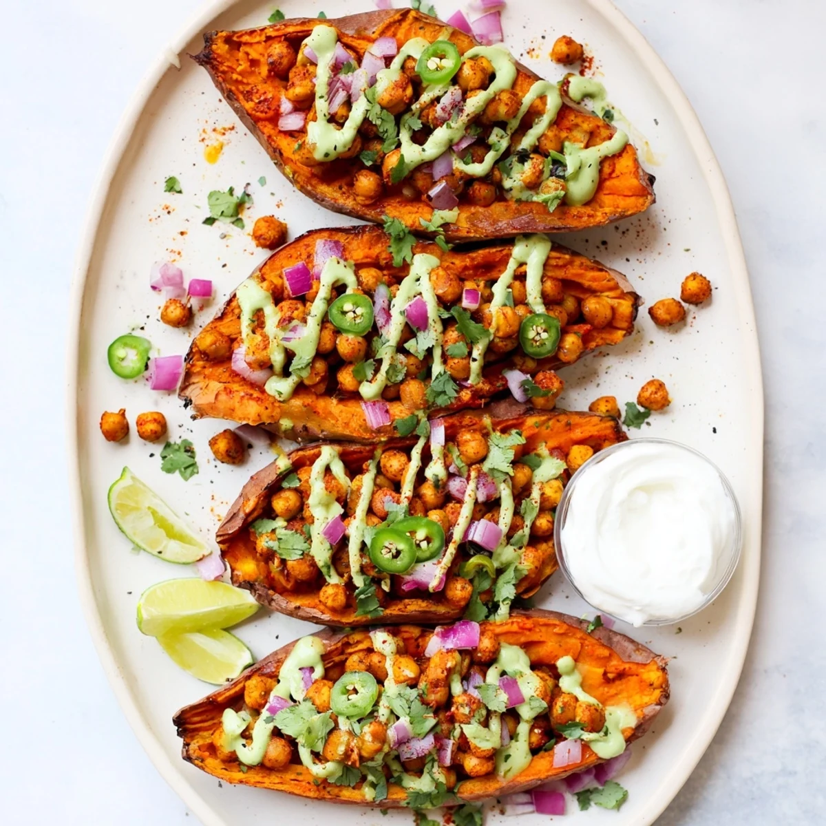 Close-up of a fork lifting savory BBQ chickpeas from a tender sweet potato, showcasing the vibrant avocado-lime sauce.