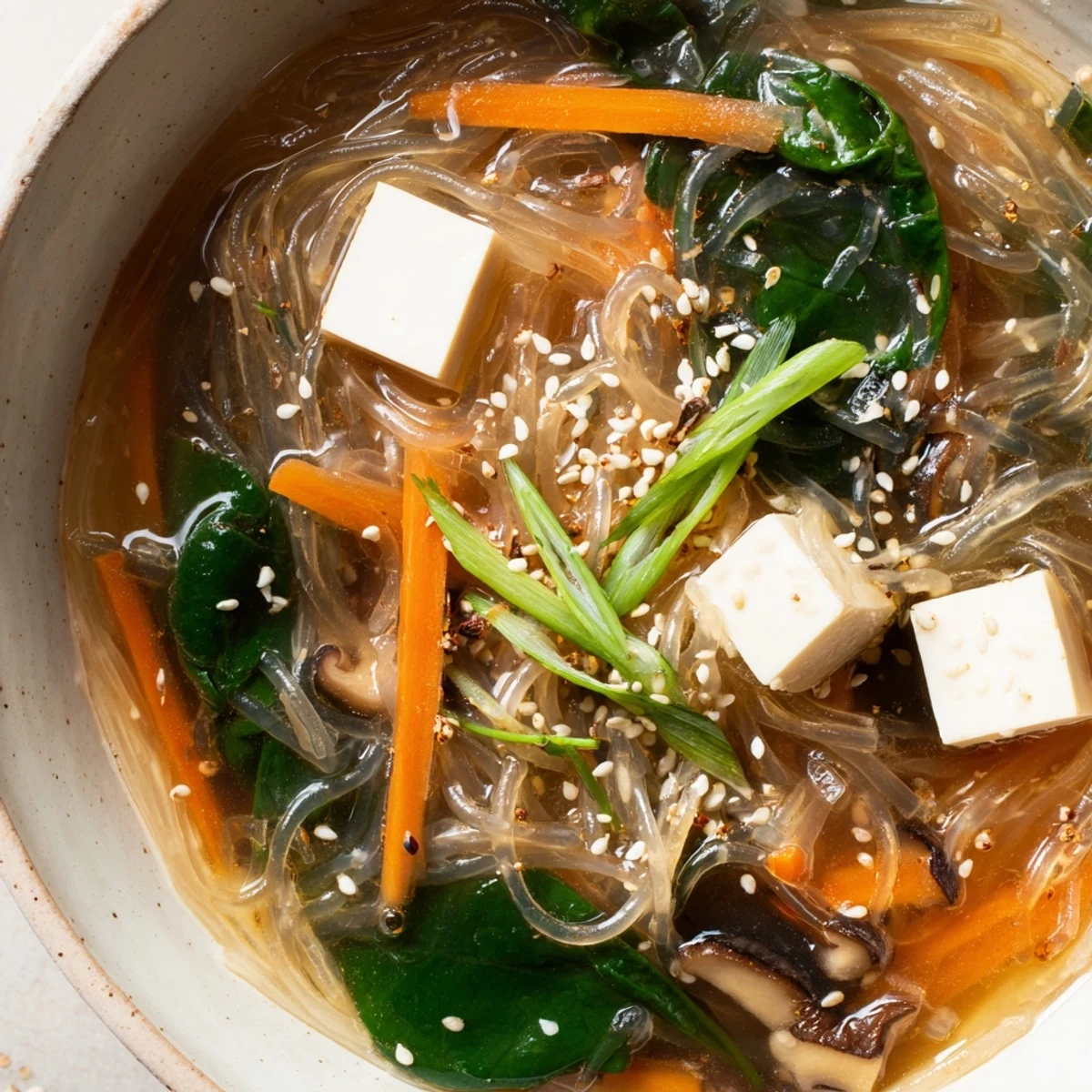 This Japanese Harusame Noodle Soup features silky mung bean noodles swimming in a savory broth with fresh spinach.