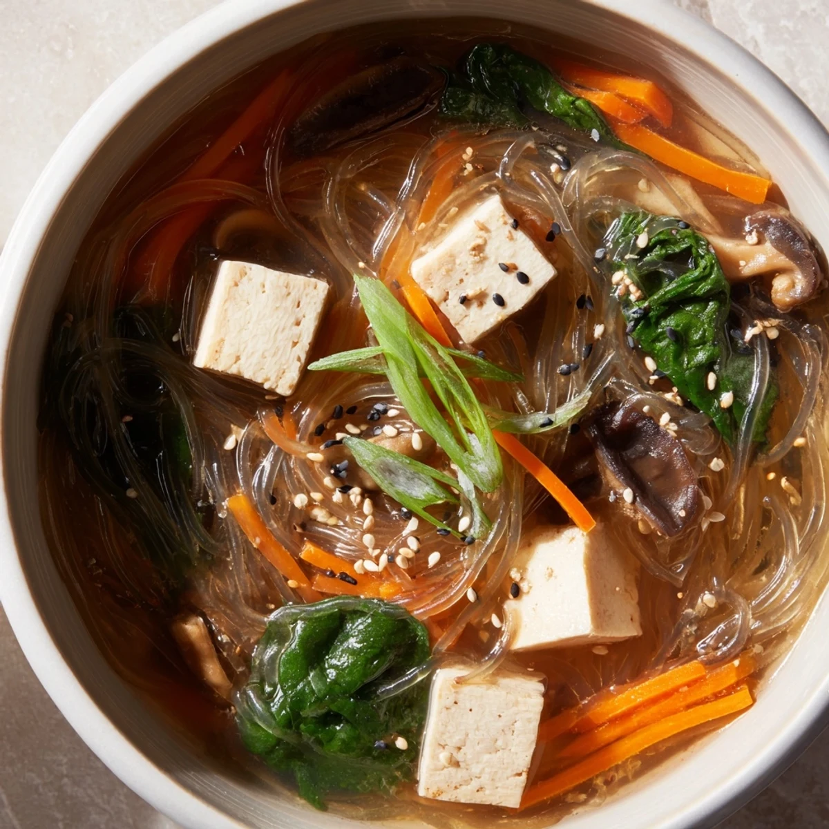 A warm bowl of Japanese Harusame Noodle Soup with glistening glass noodles, crisp carrots, and tender shiitake mushrooms.
