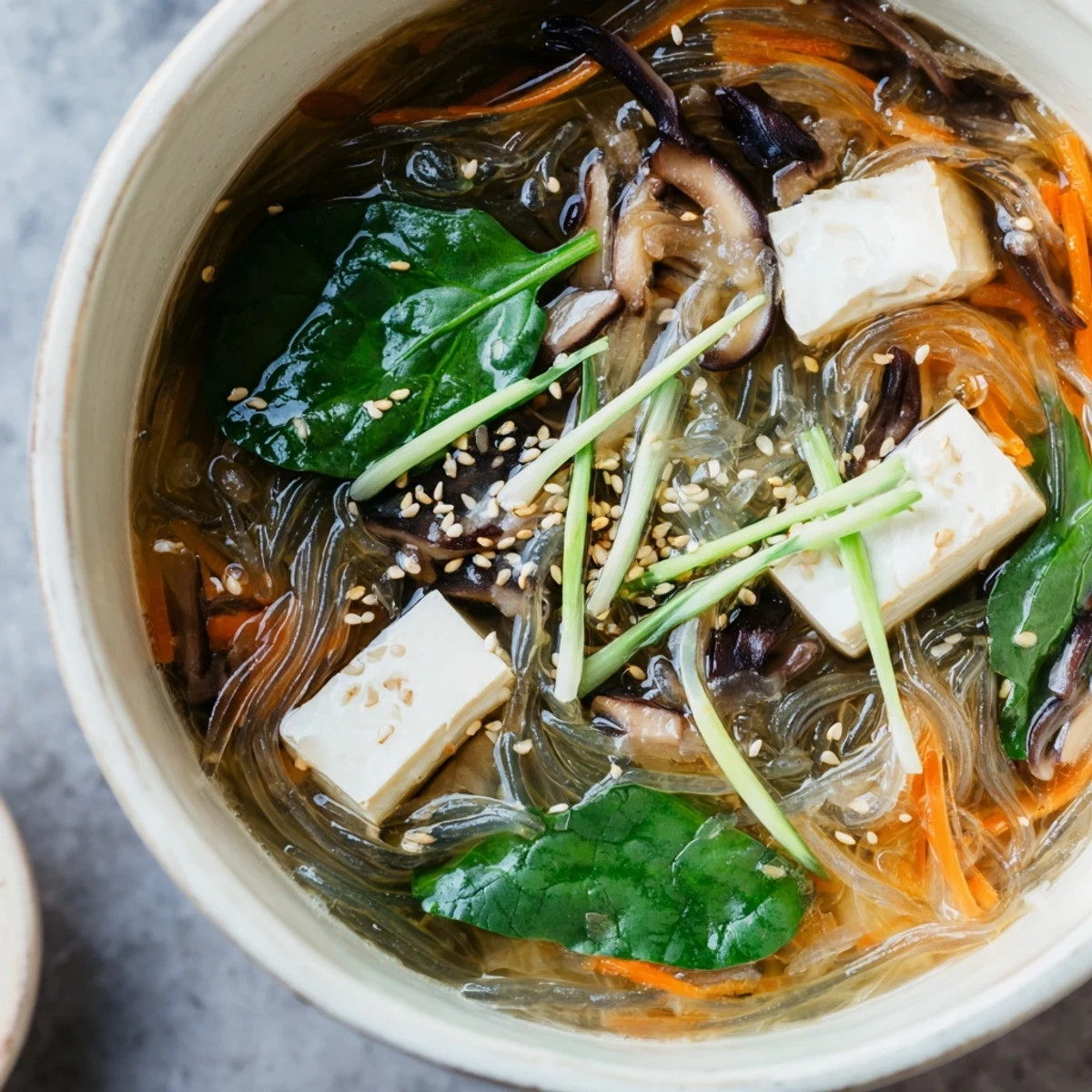 Delight in a quick Japanese Harusame Noodle Soup, garnished with sesame seeds and spring onions for a healthy dinner.