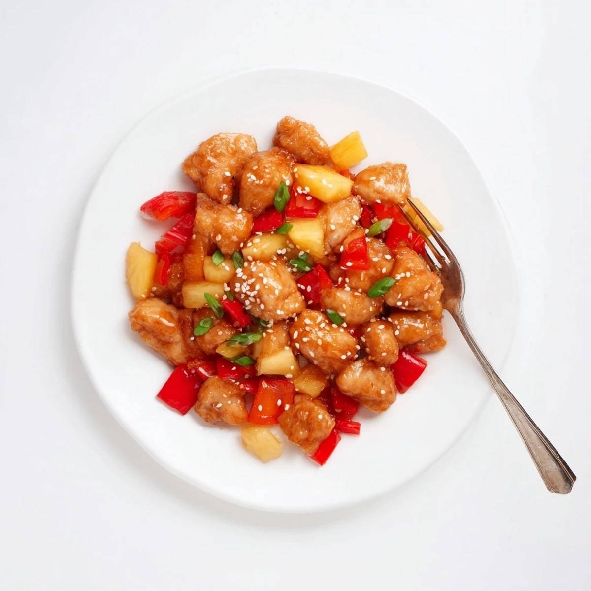 Tender Sticky Pineapple Chicken pieces glistening in a sweet glaze, served over fluffy jasmine rice with vibrant red bell peppers and green onions.