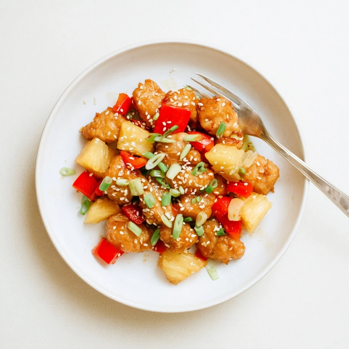 Sticky Pineapple Chicken glazed in a glossy, tangy sauce, topped with sesame seeds and fresh pineapple chunks for a colorful weeknight dinner.
