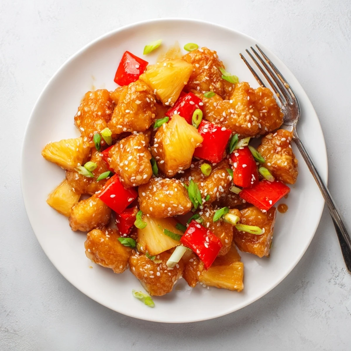 Juicy Sticky Pineapple Chicken in a rich, caramel-colored sauce, paired with steamed rice and garnished with crisp green onions for extra freshness.