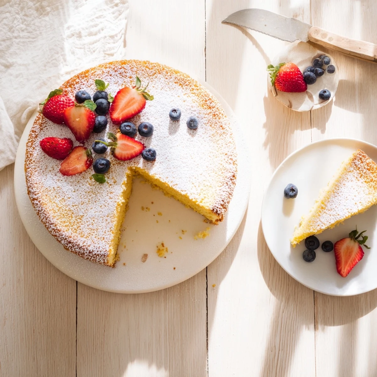 A slice of fluffy yogurt cloud cake dusted with powdered sugar, served on a white plate with fresh raspberries and blueberries beside it.