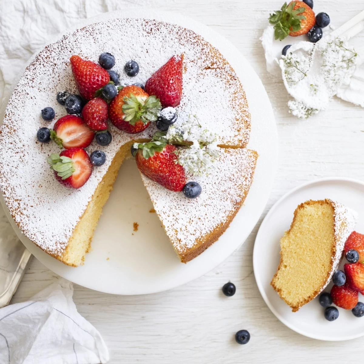 Close-up of fluffy yogurt cloud cake showing its delicate crumbs and creamy yogurt layers, garnished with a lemon zest twist and powdered sugar.
