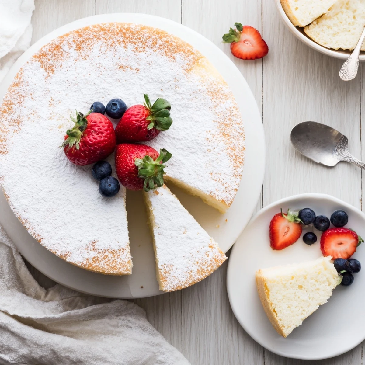Fluffy yogurt cloud cake with a light, cloud-like texture sits on a wooden board, a fork ready to cut into its airy interior.
