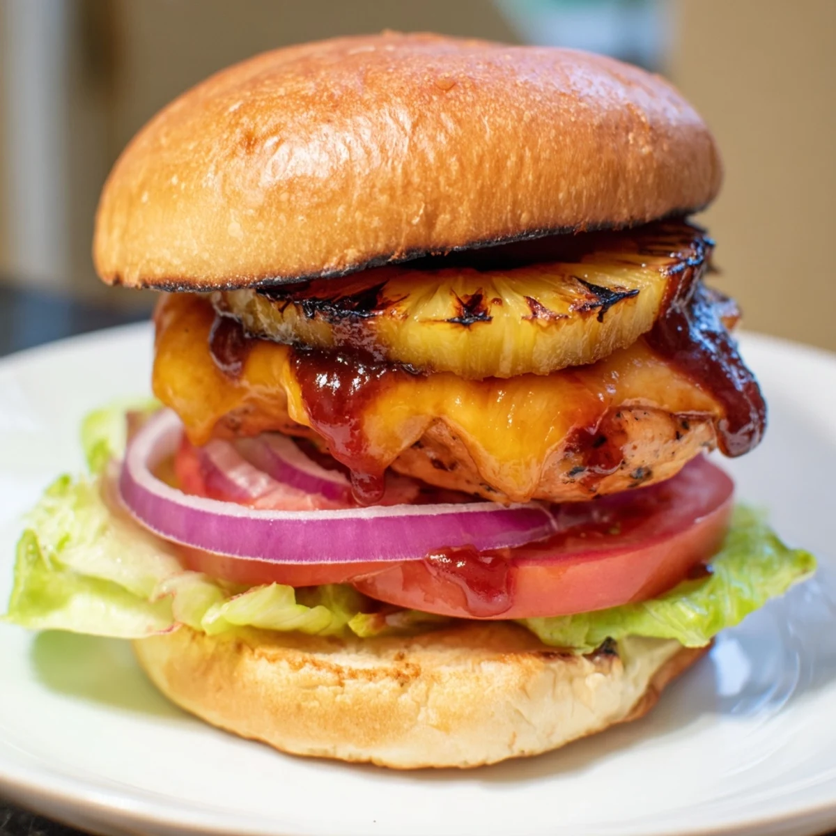 Golden grilled Hawaiian Pineapple Chicken Burger with melted cheese, juicy patty, and tangy barbecue sauce on a toasted bun.