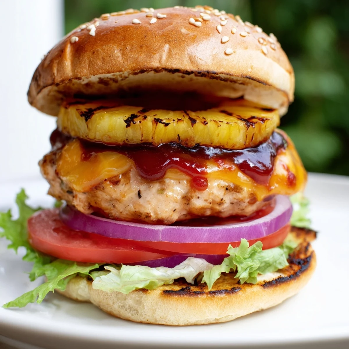 A close-up view of a Hawaiian Pineapple Chicken Burger, showcasing fresh lettuce, tomato, and sweet caramelized pineapple ring.