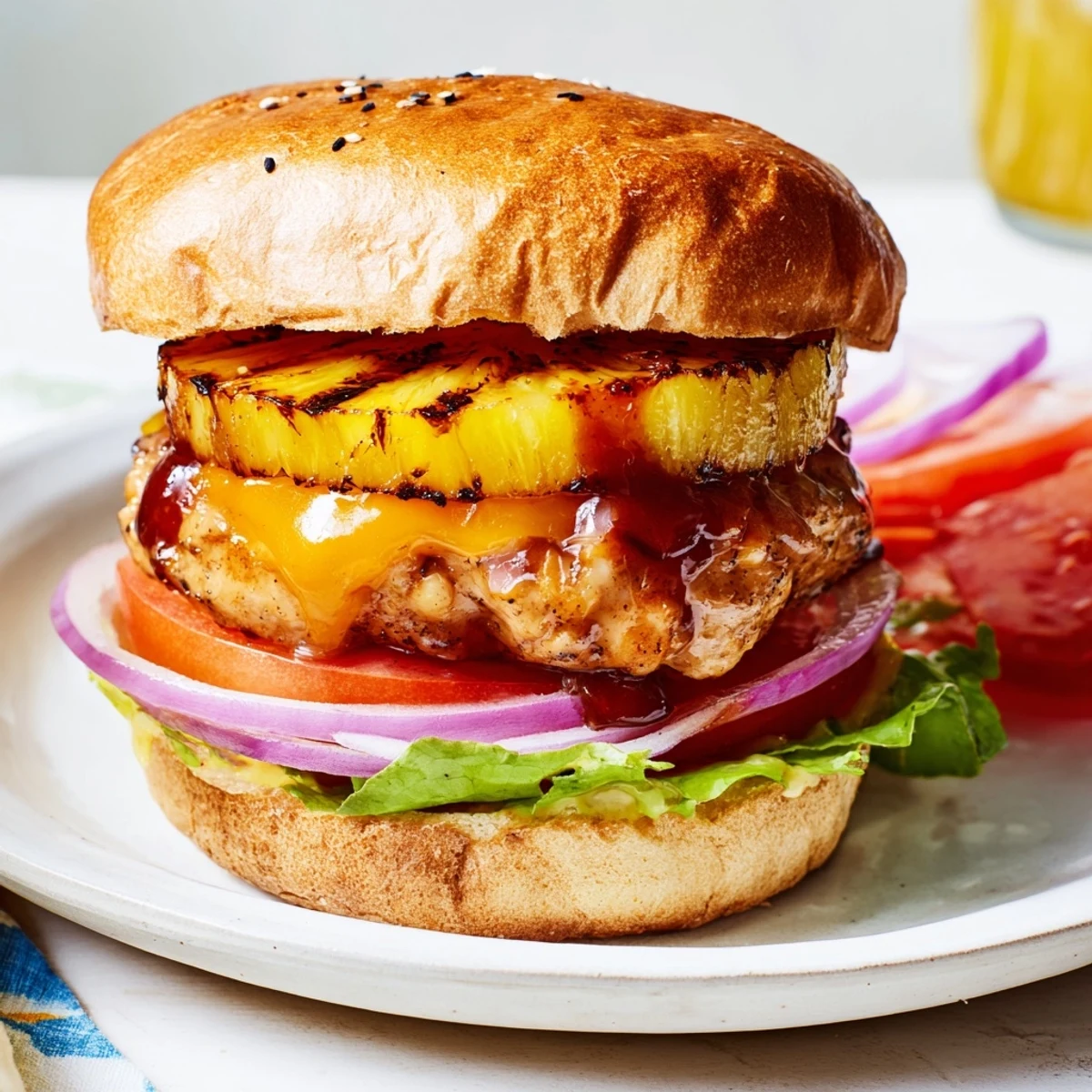 Serving suggestion for a Hawaiian Pineapple Chicken Burger, ready to eat with crispy fries and a colorful side salad.