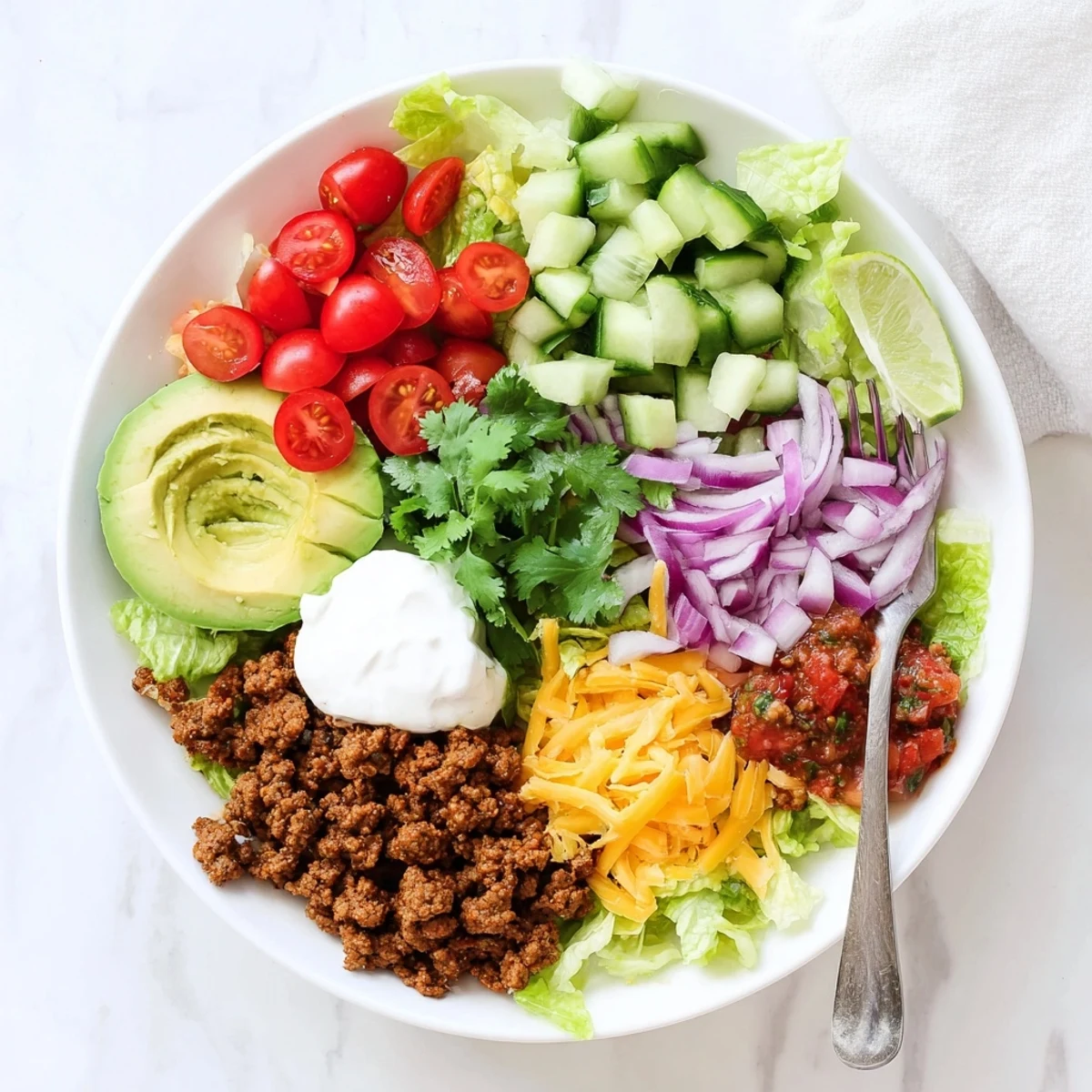 A close-up of a Low Carb Burrito Bowl featuring seasoned ground beef, crisp romaine lettuce, diced avocado, and cherry tomatoes.