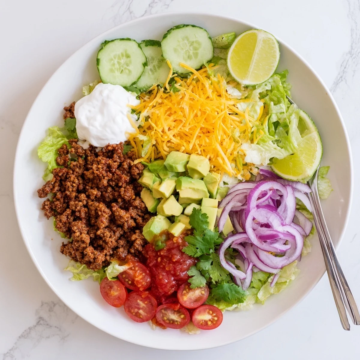 Overhead shot of a Low Carb Burrito Bowl with seasoned meat, fresh vegetables, cheese, and sour cream on a rustic table.